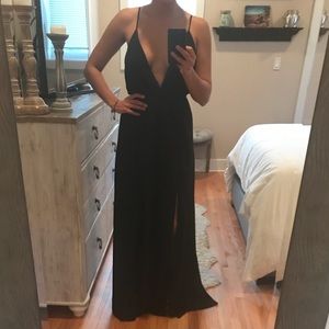 Black deep plunge maxi with front slips